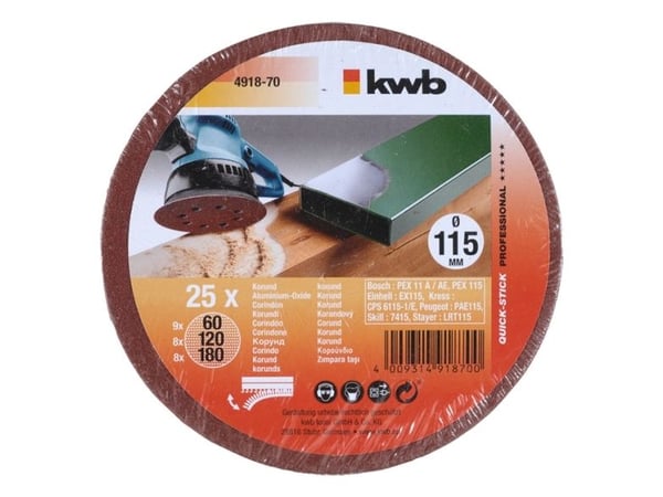 kwb 491870, Slipeskive, Metall, Tre, Aluminiumoksid, Alle merker, 11,5 cm, 25 stykker