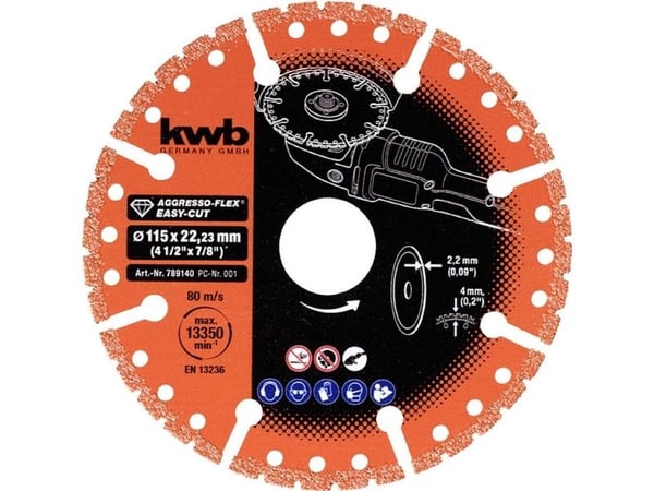kwb 789140, Diamant-kappeskive med segmentert kant, Tørrkutting, Gipsplater, Laminat, Metall, Plast, Stein, 2,22 cm, 11,5 cm, 4 mm