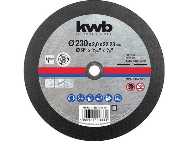 kwb 711833, Kutteskive, Rør, Blad metall, Rustfritt stål, 23 cm, 2,2 cm, Svart, 80 m/s