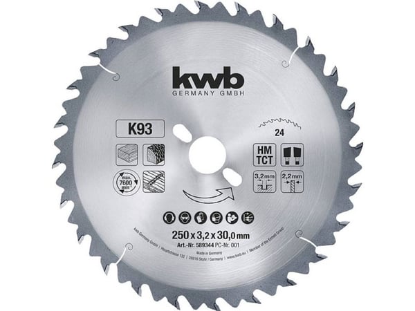 kwb 589344, Sponplate, Fiberplate, Glassfiberarmert plast, Hardtre, 25 cm, 3 cm, Wolframkarbidspiss (TCT)