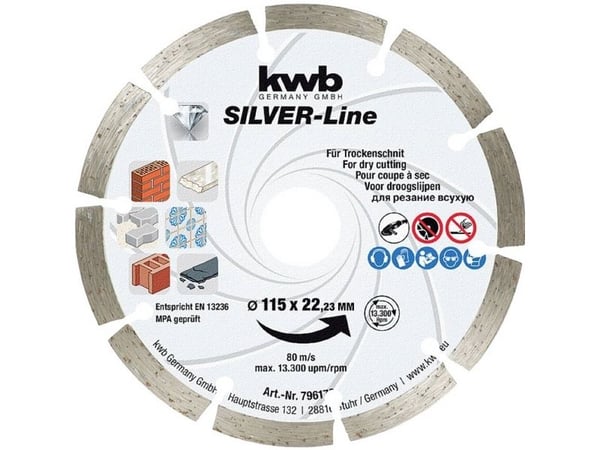 kwb 796570, Diamant-kappeskive med segmentert kant, Tørrkutting, Blokk, Keramisk, Betong, Marmor, Pavers, Stein, Flis, 2,2 cm, 12,5 cm, 7 mm
