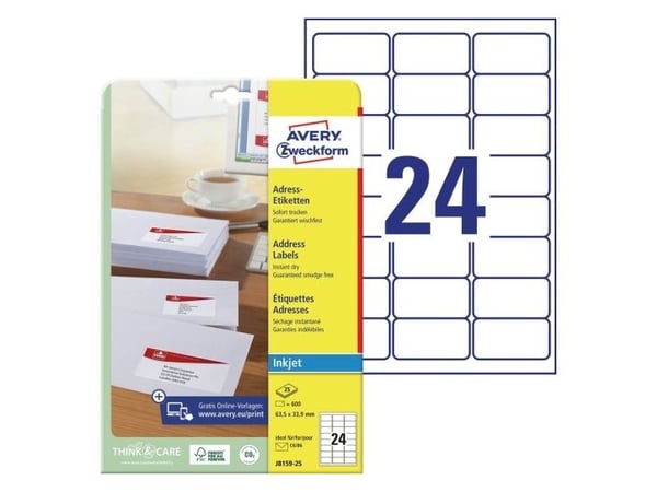 Avery - 33.9 x 64 mm 600 stk (25 ark x 24) adresselapper
