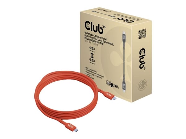 Club 3D - USB-kabel - 24 pin USB-C (hann) til 24 pin USB-C (hann) - USB 2.0 - 48 V - 5 A - 4 m - toretnings, opp til 240 W strømforsyningsstøtte, u...