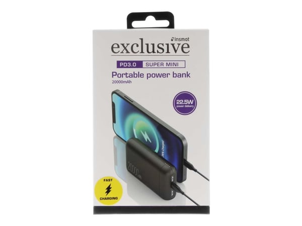 Insmat - Strømbank - 20000 mAh - 22.5 watt - 2 utgangskontakter (USB, USB-C)