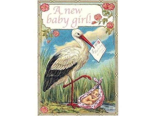 Madame Treacle gratulationskort B6 med kuvert – födelse, stork, flicka
