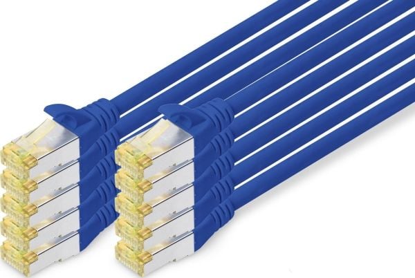 DIGITUS - Koblingskabel - RJ-45 (hann) til RJ-45 (hann) - 1 m - S/FTP - CAT 6a - halogenfri, formstøpt, uten hindringer - blå (en pakke 10)