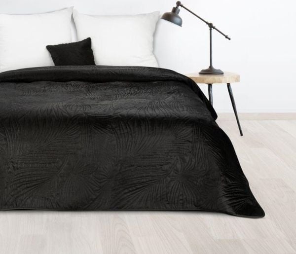 Eurofirany DESIGN 91 LUIZ / 4 aksomine dynetrekk, quiltet, varmepress, palmebladmønster, 170x210 cm, svart
