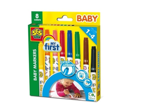 SES Creative My First Baby Markers, 8 kpl, Musta, Sininen, Ruskea, Vihreä, Oranssi, Vaaleanpunainen, Punainen, Keltainen, 1 vuosi/vuosia, Pyöreä pä...