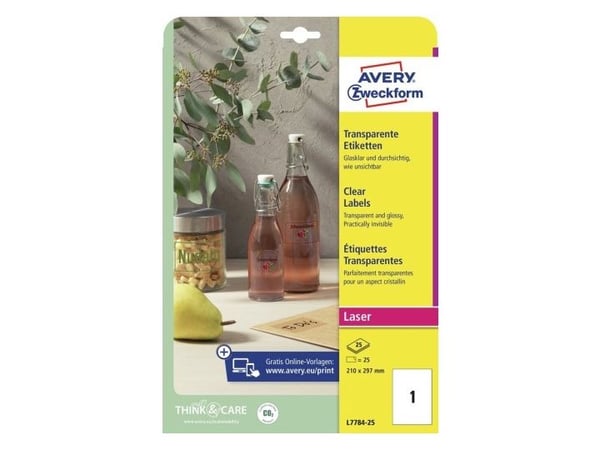 Avery L7784-25, Läpinäkyvä, Liimaton tulostustarra, A4, Polyesteri, Laser, Kiinteä