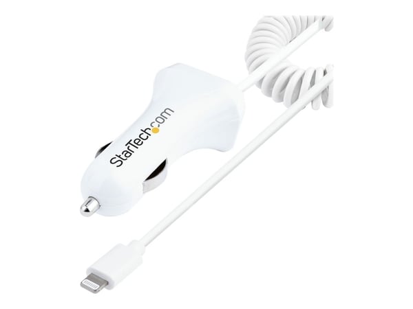 StarTech.com Lightning-autolaturi 1 m:n kierretyllä Lightning-kaapelilla, 12 W, valkoinen, 2-porttinen USB-autolaturisovitin puhelimille ja tablet-...