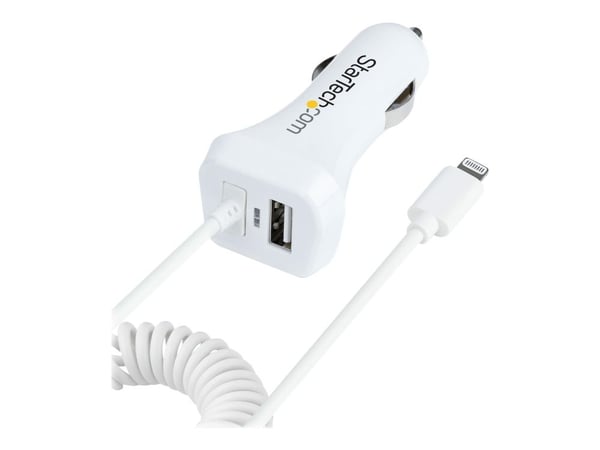 StarTech.com Lightning-autolaturi 1 m:n kierretyllä Lightning-kaapelilla, 12 W, valkoinen, 2-porttinen USB-autolaturisovitin puhelimille ja tablet-...