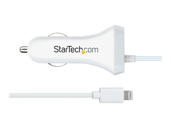 StarTech.com Lightning-autolaturi 1 m:n kierretyllä Lightning-kaapelilla, 12 W, valkoinen, 2-porttinen USB-autolaturisovitin puhelimille ja tablet-...