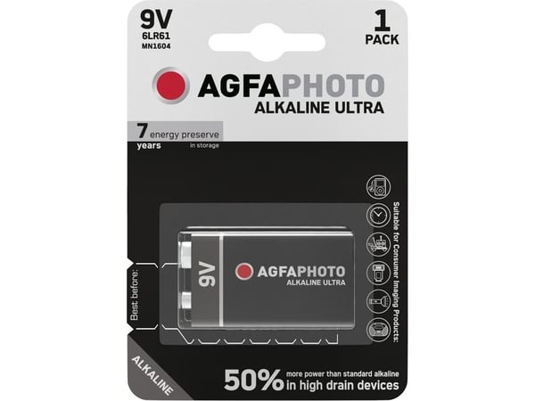 AgfaPhoto 110-851808, Engangsbatteri, 9V, Alkalinsk, 9 V, 1 stykker, Sort, Rød, Hvit