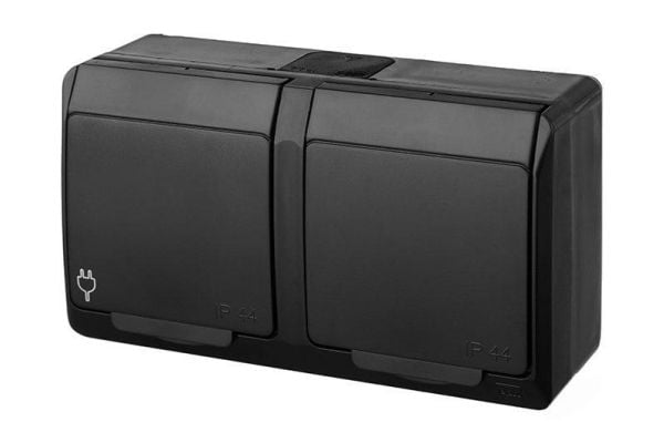 HERMES IP44 hermetiskt ytmonterat dubbeluttag med jordning 2x2P+Z schuko sort 0325-09