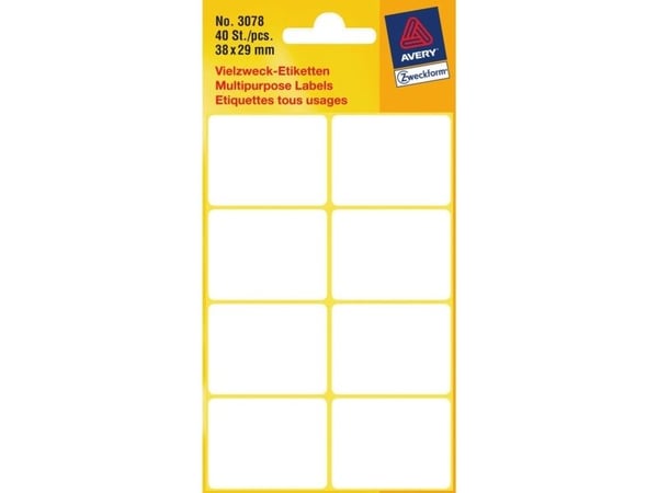 Avery 3078, Hvit, Avrundet rektangel, 38 x 29 mm, Papir, 8 stykker, 5 ark