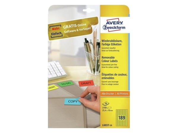 Avery L6037 - Gul - 10 x 25.4 mm 3780 stk (20 ark x 189) merkelapper