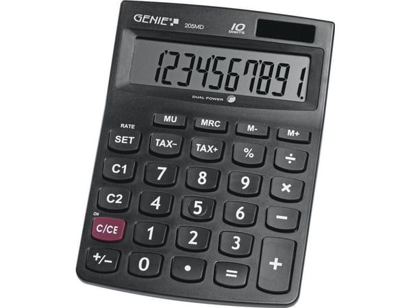 Genie 205 MD - Pöytälaskin - Yksinkertainen laskin - 10 numeroa - Paristo/aurinkolaskin - Musta