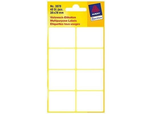 Avery 3078, Hvit, Avrundet rektangel, 38 x 29 mm, Papir, 8 stykker, 5 ark