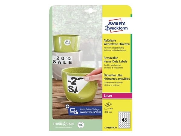 Etiketter Avery, sterk, Ø 30 mm, eske à 960 stk.