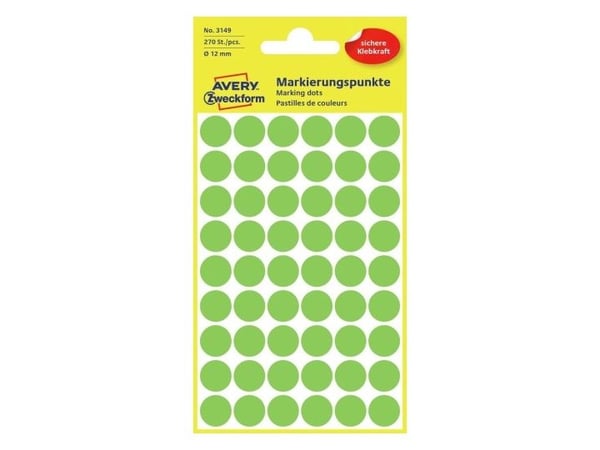 Avery Zweckform 3149, Vihreä, Pyöreä, Kiinteä, 12 x 12 mm, Small, Paperi