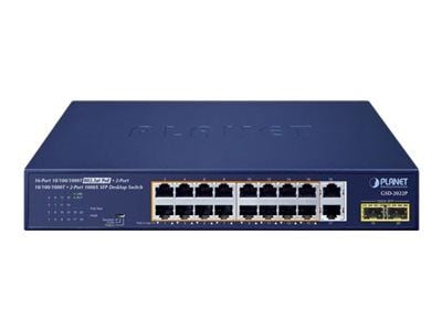 PLANET GSD-2022P - Switch - ikke-styrt - 16 x 10/100/1000 (PoE+) + 2 x 10/100/1000 + 2 x 1000Base-X SFP - stasjonær - PoE+ (185 W)