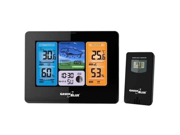 Værstasjon GreenBlue WiFi med TUYA, utendørssensor, kalender, værprognose, barometer GB215 Værstasjon GreenBlue WiFi med TUYA, utendørssensor, kalender, værprognose, barometer GB215