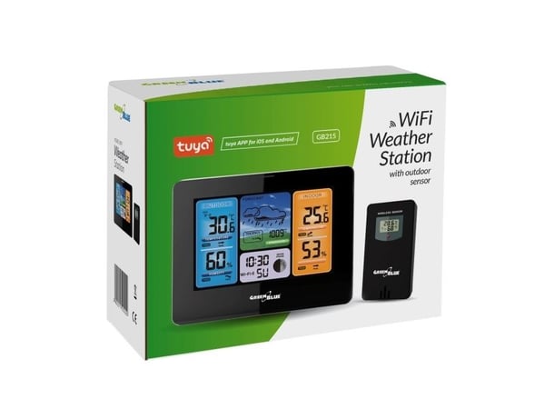 Værstasjon GreenBlue WiFi med TUYA, utendørssensor, kalender, værprognose, barometer GB215