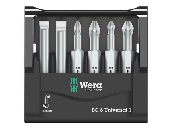 Wera Bit-Check 6 Universal 1 SB - Spissett for skrutrekker - 6 deler - phillips, pozidriv, slot - PH1, PH2, PZ1, PZ2, SL5.5, SL6.5 - heksagonal - l...