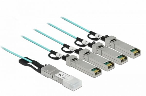 Delock - Direktekoblingskabel - QSFP+ (hann) til SFP+ (hann) - 10 m - 3 mm - fiberoptisk - SFF-8436 - Active Optical Cable (AOC) - akvamarin