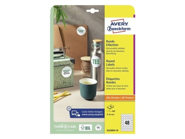 Etiketter Avery Ø30 mm hvid - (10 ark x 48 stk.)