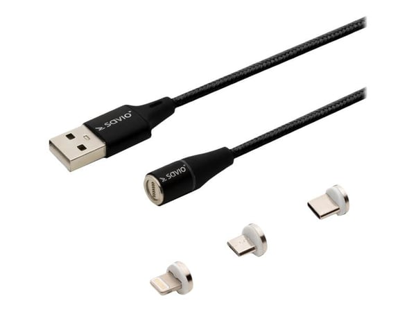 SAVIO CL-155 - Lataus- ja datakaapelisarja - USB uros Micro-USB Type B, Lightning, USB-C uros - irrotettava ja magneettinen - 2 m - musta