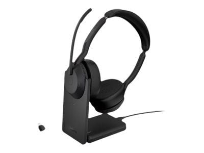 Jabra Evolve2 55 UC Stereo - Hodesett - on-ear - Bluetooth - trådløs - aktiv støydemping - USB-C - svart - med ladestativ - Zoom Certified, Cisco W...