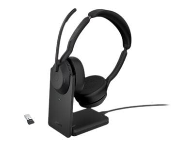 Jabra Evolve2 55 UC Stereo - Headset - på øret - Bluetooth - trådløs - aktiv støjfjerning - USB-A - sort - med opladningsstander - Zoom Certified, ...