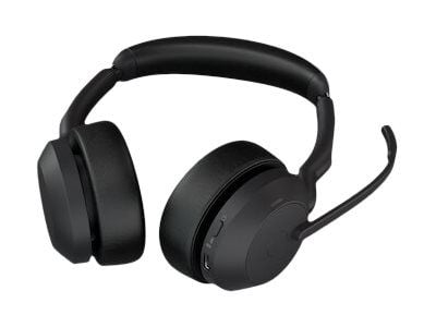 Jabra Evolve2 55 UC Stereo - Hodesett - on-ear - Bluetooth - trådløs - aktiv støydemping - USB-C - svart - med ladestativ - Zoom Certified, Cisco W...
