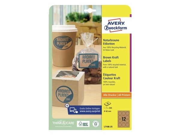 Etiketter Avery Ø60 mm naturbrun permanent - (25 ark x 12 stk.)