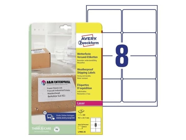 Avery Zweckform L7993 - Permanet adhesiv - hvit - 67.7 x 99.1 mm 200 etikett(er) (25 ark x 8) forsendelsesetiketter