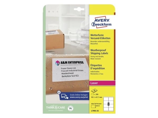 Avery Zweckform L7993 - Permanet adhesiv - hvit - 67.7 x 99.1 mm 200 etikett(er) (25 ark x 8) forsendelsesetiketter