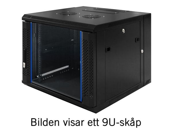 19” veggskap, 12U, 600 × 600, glassdør, svart