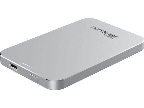 RealPower PB-5000 Mag, 5000 mAh, Lithium Polymer (LiPo), Trådløs lading, Sølv