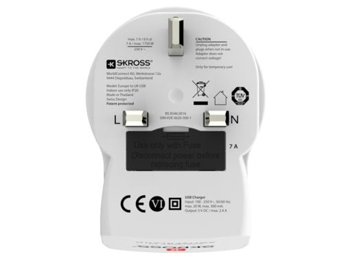 Skross 1500280, Type G (UK), Type C (Europlug)+Type F, 100 - 250 V, 7 A, 175 mm, 105 mm
