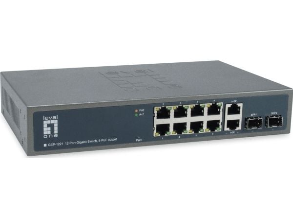 LevelOne GEP-1221, Hallitsematon, Gigabit Ethernet (10/100/1000), Power over Ethernet -tuki, Telineasennus