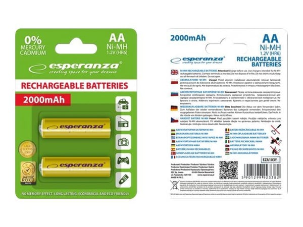 Esperanza - Paristot 2 x AA-tyyppi - NiMH - 2000 mAh - gul
