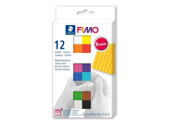 FIMO Soft Basic - Modeling clay set - 12 deler - 300 g - hvit, sitronfarge, bringebær, indianerrød, briljant blå, peppermynte, mandarin, tropisk gr...
