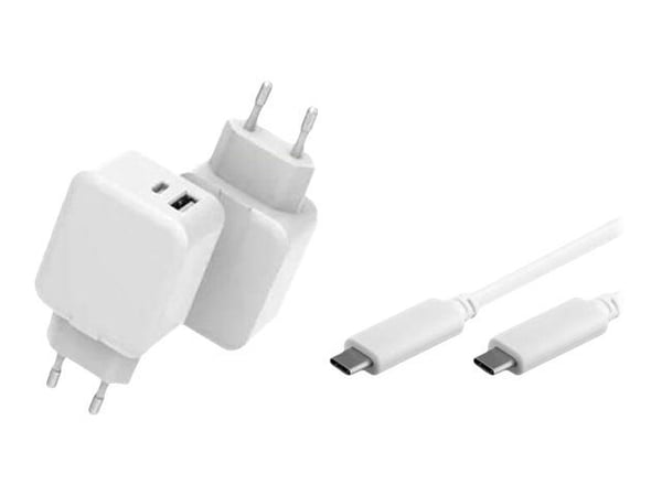 CoreParts - Strømadapter - 30 watt - 3 A - PD, QC 3.0 - 2 utgangskontakter (USB, USB-C) - på kabel: USB-C - hvit - med USB-C-kabel (1m)