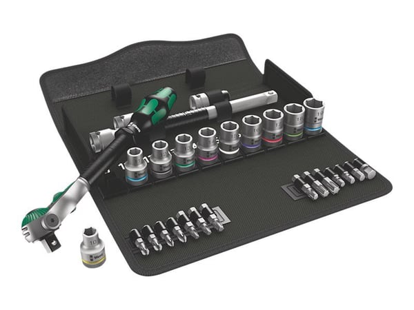 Wera Tools 8100 SC 6, stikkontaktsett, 28 stk, svart, grønn, skrallehåndtak, 1 stk, 1/2"