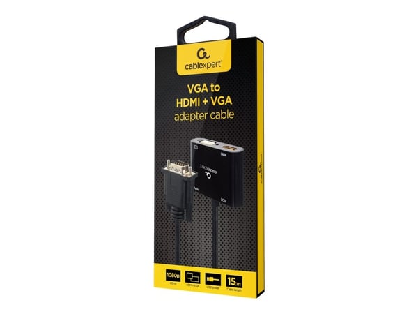 Cablexpert - Videosovitin - HD-15 (VGA) uros - HD-15 (VGA), mini jack, HDMI, Micro-USB Type B naaras - 15 cm - musta - sormiruuvit, 1080p tuki Cablexpert - Videosovitin - HD-15 (VGA) uros - HD-15 (VGA), mini jack, HDMI, Micro-USB Type B naaras - 15 cm - musta - sormiruuvit, 1080p tuki