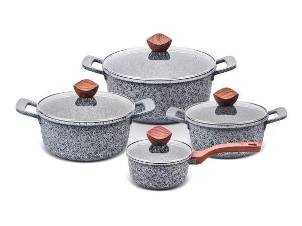 PROMIS Puodų rinkinys GRANITAS, puodas 16 cm, puodai 20,24,28 ruda rankenos
