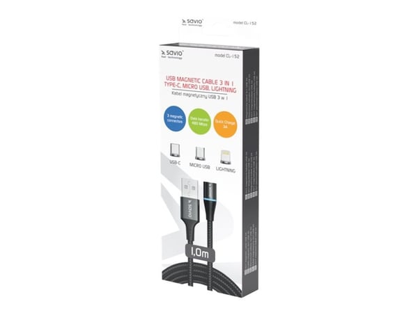 SAVIO CL-152 - Lade-/datakabelsett - USB hann til Micro-USB type B, Lightning, USB-C hann avtakbar og magnetisk - 1 m - svart SAVIO CL-152 - Lade-/datakabelsett - USB hann til Micro-USB type B, Lightning, USB-C hann avtakbar og magnetisk - 1 m - svart