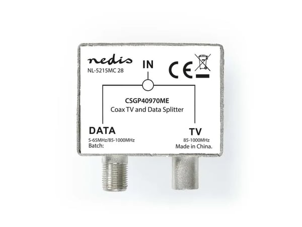 Nedis CSGP40970ME, Kaapelin jakaja, 75 O, Metallinen, Hopea, Metalli, IEC, F, Muovipussi