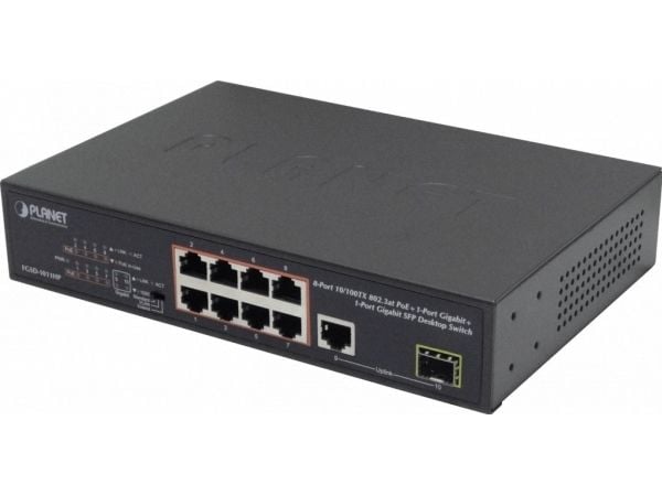PLANET FGSD-1011HP, Uhåndtert, Gigabit Ethernet (10/100/1000), Full tosidig, Strøm over Ethernet (PoE), Rack-montering, 1U